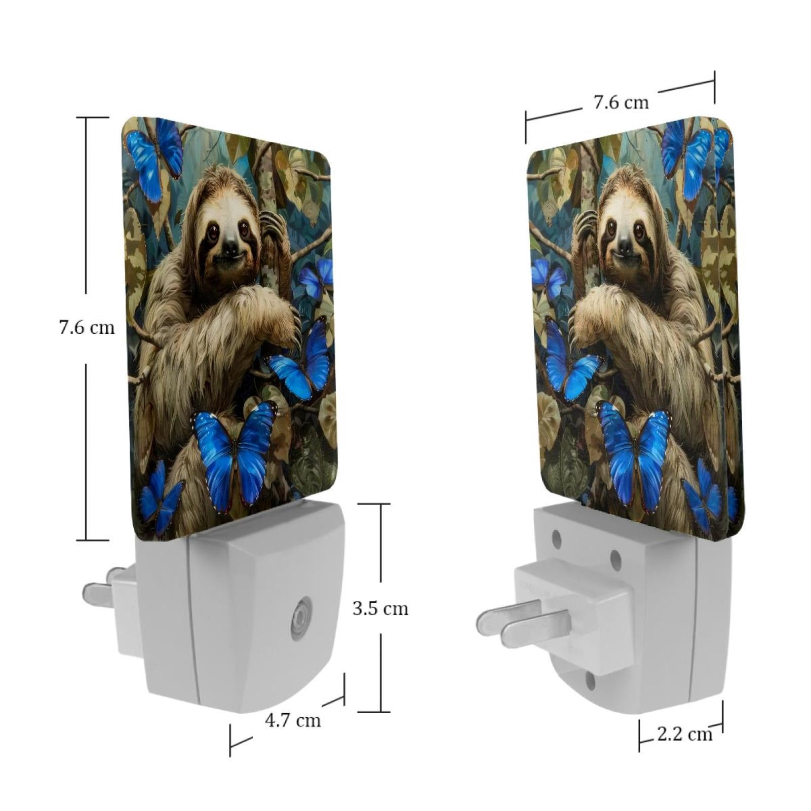 PhooArto Cute Sloth and Blue Butterflies Plug in LED Night Light Auto Sensor Dusk to Dawn Decorative Night for Bedroom, Bathroom, Kitchen, Hallway, Stairs, Baby's Room, Energy Saving