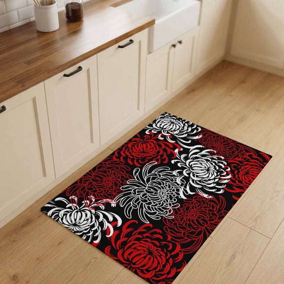 2x3ft Rectangle Rug,Pastoral Abstract Flower Washable Area Rugs Non-Slip Accent Rug Red Black White Floral Art Soft Circle Carpet for Living Room Bedroom Home Office Decor