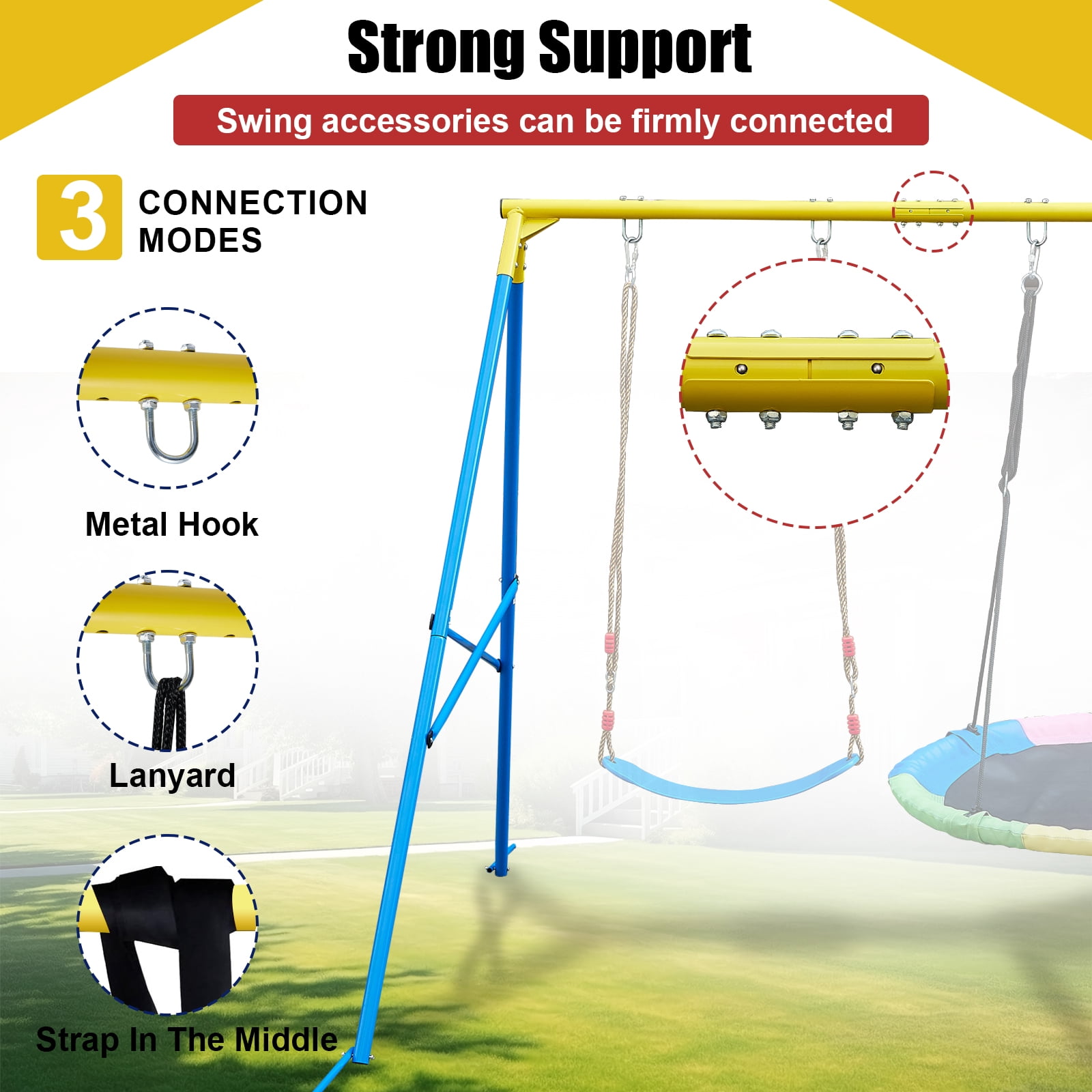 Hishine Swing Stand Metal Frame for Backyard, Heavy Duty Full Steel A-Frame with Ground Stakes, Fits 2 Swings Extra Large Outdoor 550lbs