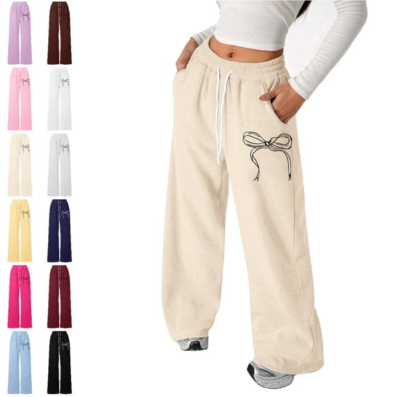 UJNDER Girl's Bow Drawstring Lightweight Straight Leg Athletic Casual Pants for Playful Comfort Cute Sweatpants,06_Beige,11-12 Years