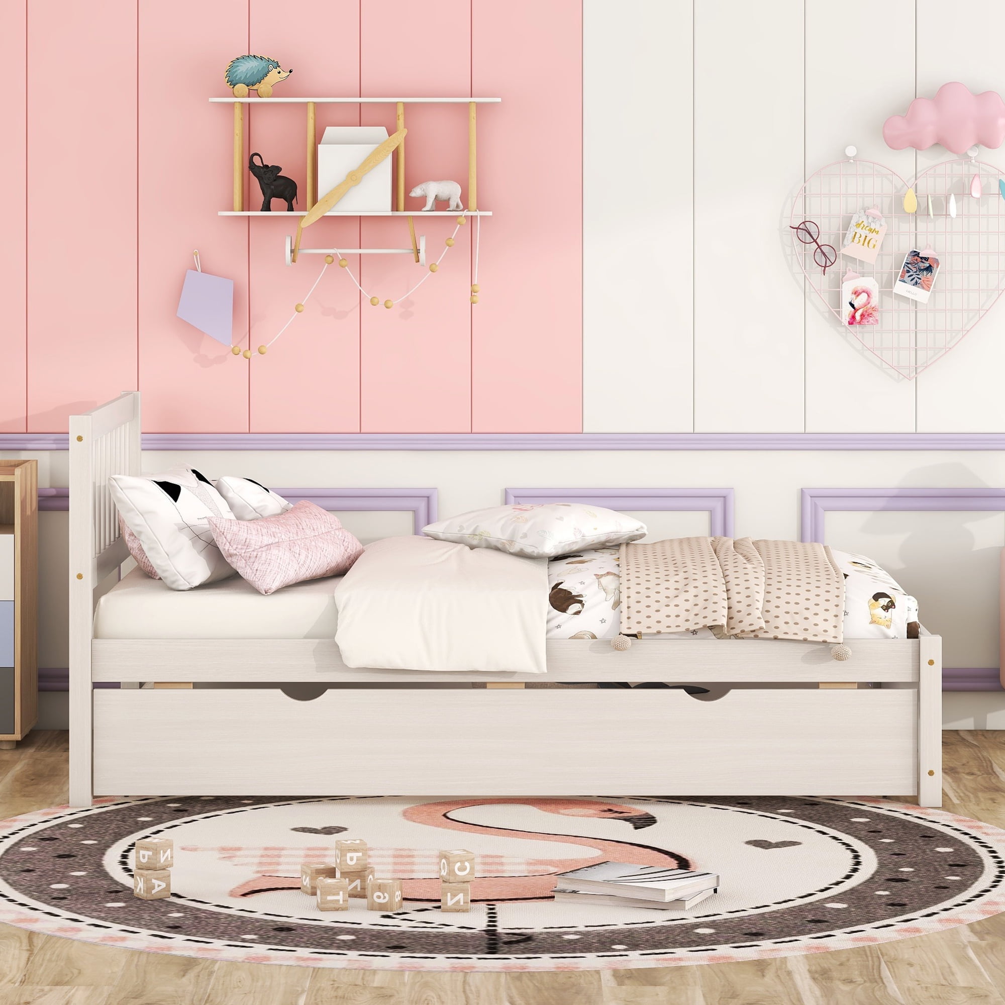 Aukfa Twin Platform Bed with Trundle Bed, Wood Bed Frame for Kids - White