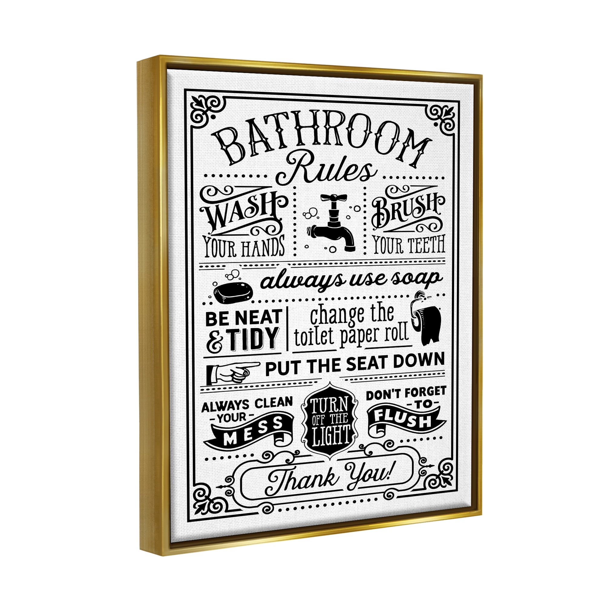 Stupell Industries Vintage Style Bathroom Rules Diagram List Border Graphic Art Metallic Gold Floating Framed Canvas Print Wall Art, Design by Lettered and Lined