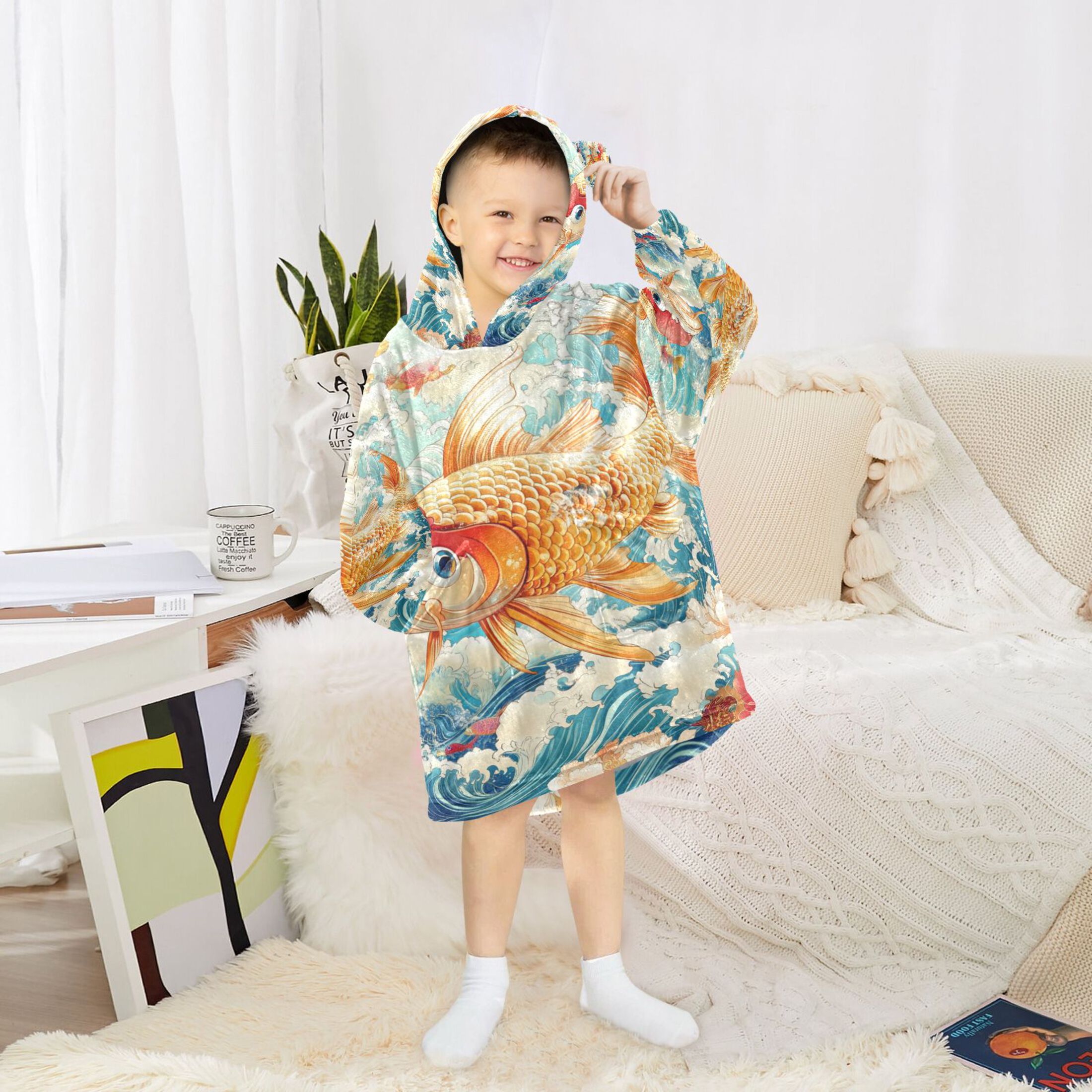 YAZAOO Kids Wearable Blanket Hoodie Warm and Cozy Koi in Bloom Flannel Sweatshirt
