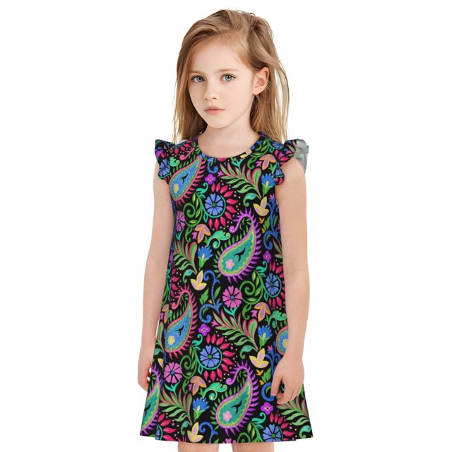 Fotbe Watercolor Floral Paisley Vestido de Dormir para Niñas de 3 a 10 Años, Mangas Cortas, Estilo Princesa, Pijama Camisón con Mangas Voladas-XX-Large