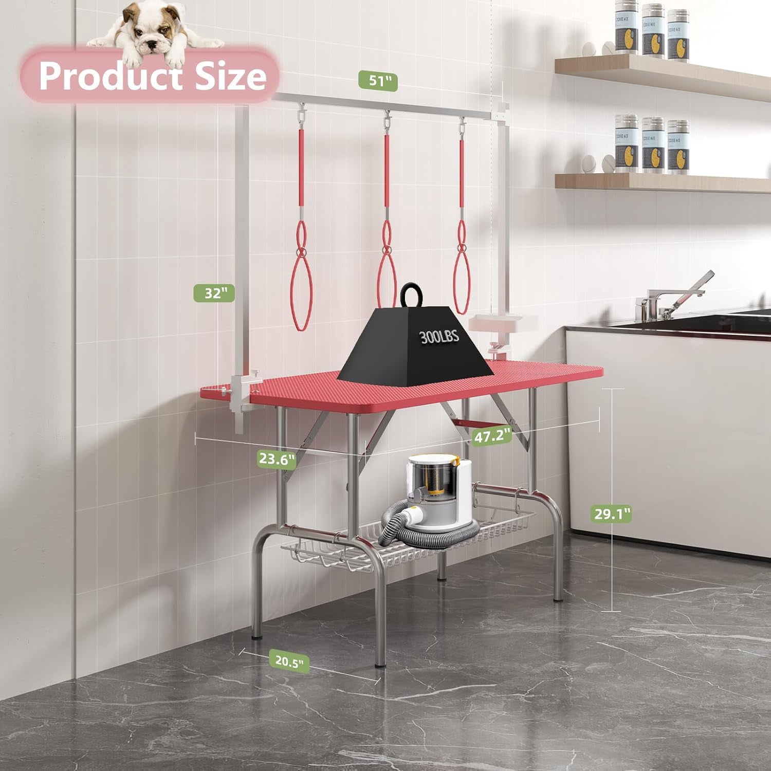 47" Pet Grooming Table Pink, Stainless Steel Foldable Grooming Table for Dogs at Home Adjustable Height Arms Pet Station with Nooses, Mesh Tray, Tool Organizer