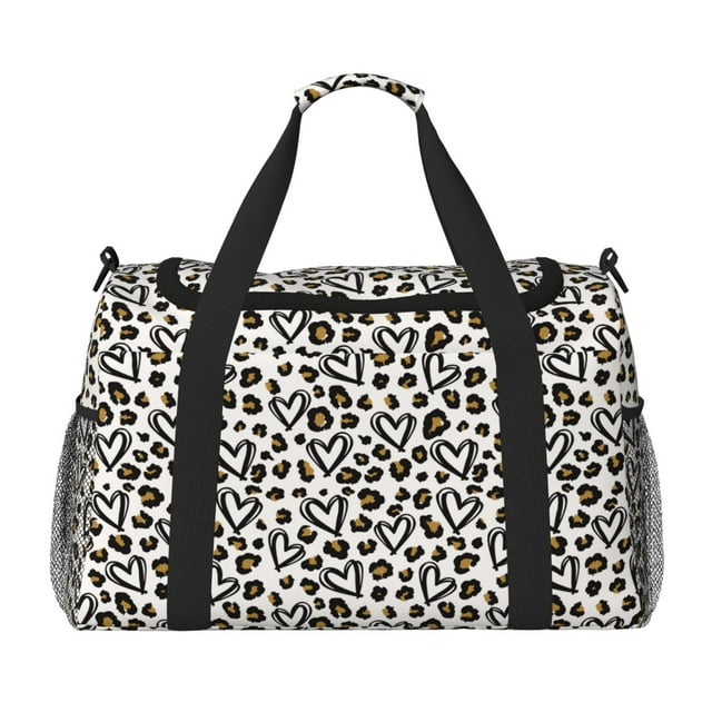 Fotbe Heart Leopard Bolsa de Viaje con Estampado, Bolsa de Fin de Semana para Mujer con Compartimento para Zapatos, Bolsa de Gimnasio con Bolsillo Húmedo