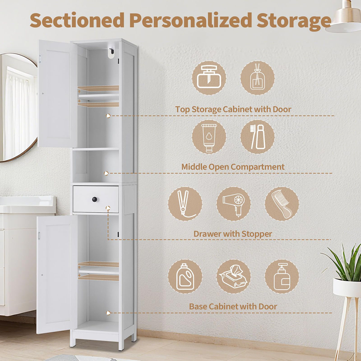 Ataucjin 68 Inch Narrow Storage Cabinet for Bathroom,Over Toilet Storage Cabinet, Tall Bathroom Cabinet with Drawer & Open Shelf,Adjustable Shelves, Water-Resistant for Toilet Tank, Laundry Room