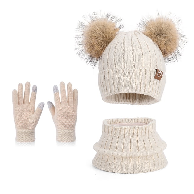 Beige Childrens Hats Scarves Gloves Set Winter Outdoor Warm Fleece Ear Protection Pompon Knitted Acrylic Free Size Beige Color Three Piece Set