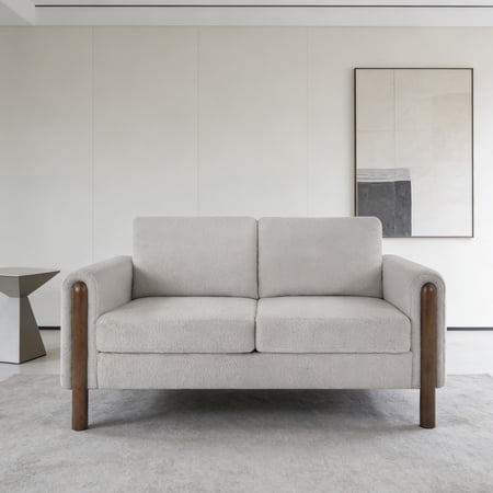 Mid Century Modern 2 Seater Loveseat Sofa Teddy Fabric Upholstered Couch with Walnut Legs and Back Pillows for Living Room Bedroom Office Grey