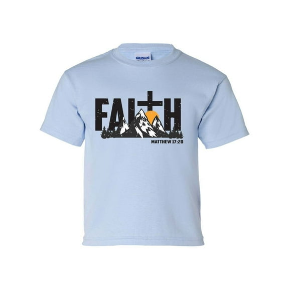 Faith Scenic Mountain and Cross Youth Kids Christian T-shirt Graphic Tee Graphic Tee-Light Blue-small