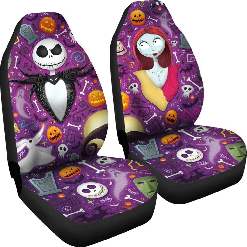 Jack Sally Purple Vibe Skelling Car Seat Covers Set 2Pc With Foaming Lining, Halloween Decorative Automotive Car Decor. Horror Movies Halloween Car Decor
