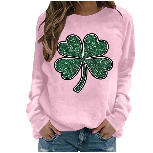 Mceream Chandail en Molleton Femme St Patricks Day Mode Décontractée Trèfle Irlandais Imprimé Graphique Mignon Manches Longues Chandail Grande Taille Tenue de Vacances & Cadeau Rose TTG