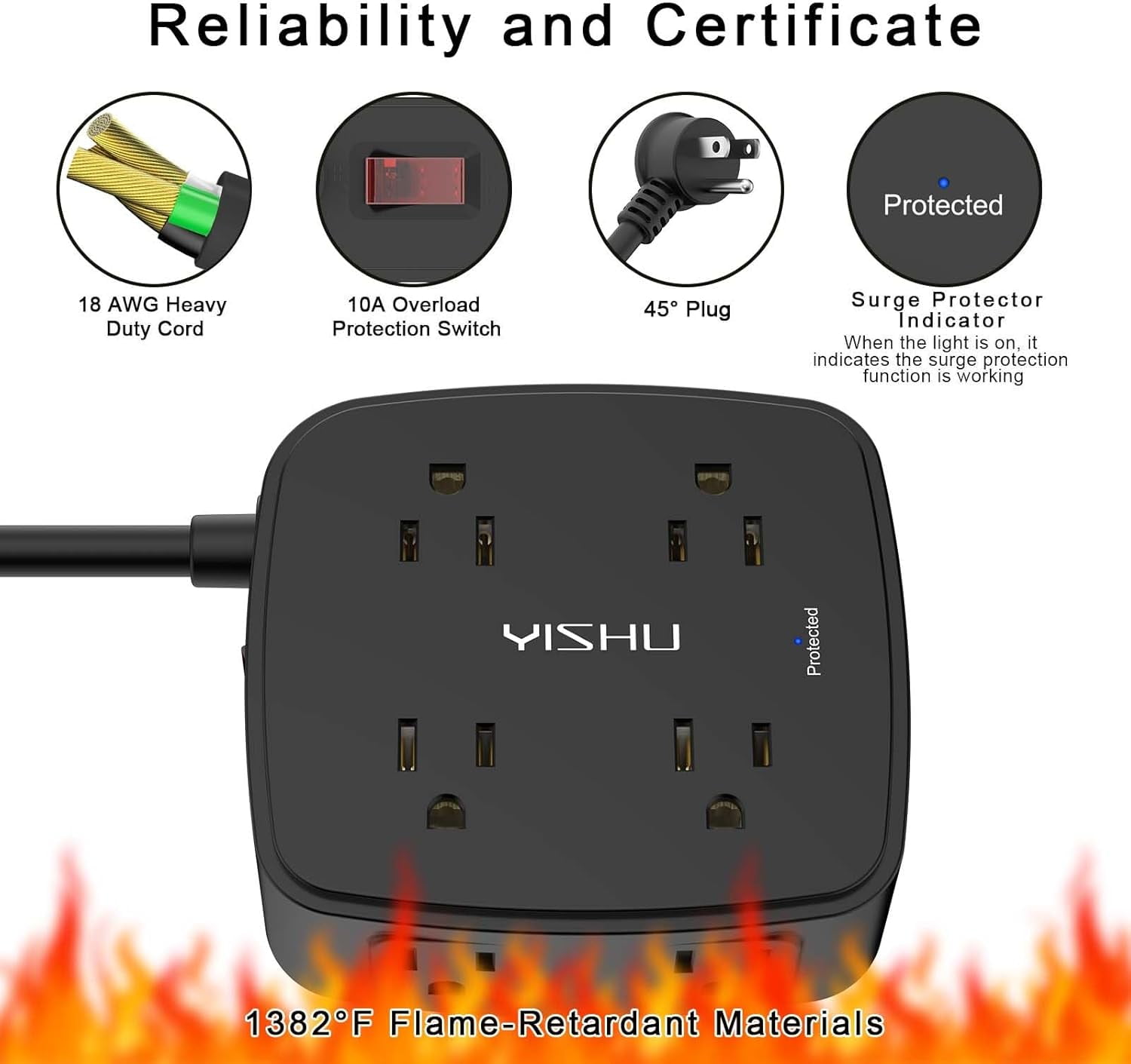 20 Ft Surge Protector Power Strip - 8 Widely Outlets with 4 USB Ports, 3 Side Outlet Extender with 20 Feet Extension Cord, Flat Plug, Wall Mount, Desk USB Charging Station, ETL, Black