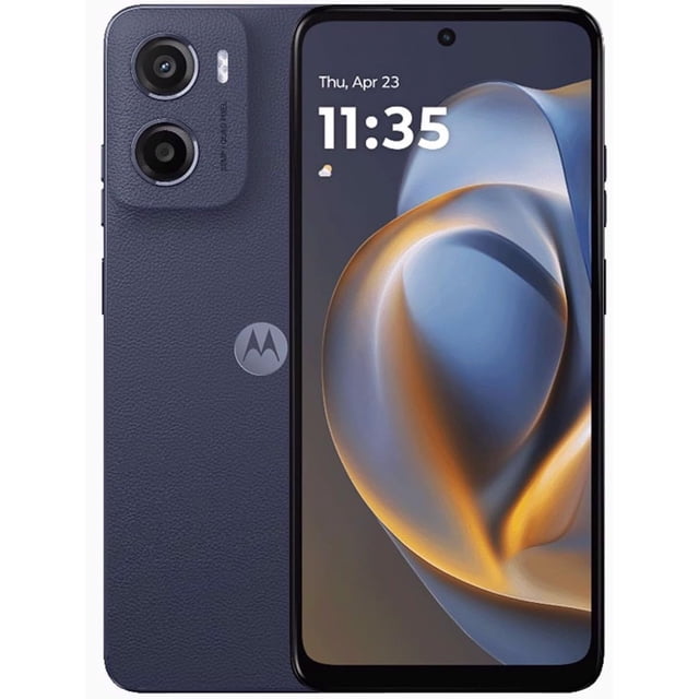 Motorola Moto E15 smartphone featuring a 6.67-inch 90Hz display, shown in a front and back view. The front displays a vibrant screen with thin bezels and a centred punch-hole camera, while the back showcases a dual-camera system and a textured vegan leather finish in a dark blue colour. This factory unlocked dual SIM phone offers 64GB storage, a 5200 mAh battery, and is powered by a MediaTek Helio G81 processor. Designed for durability with Gorilla Glass 3 and a water-repellent build.