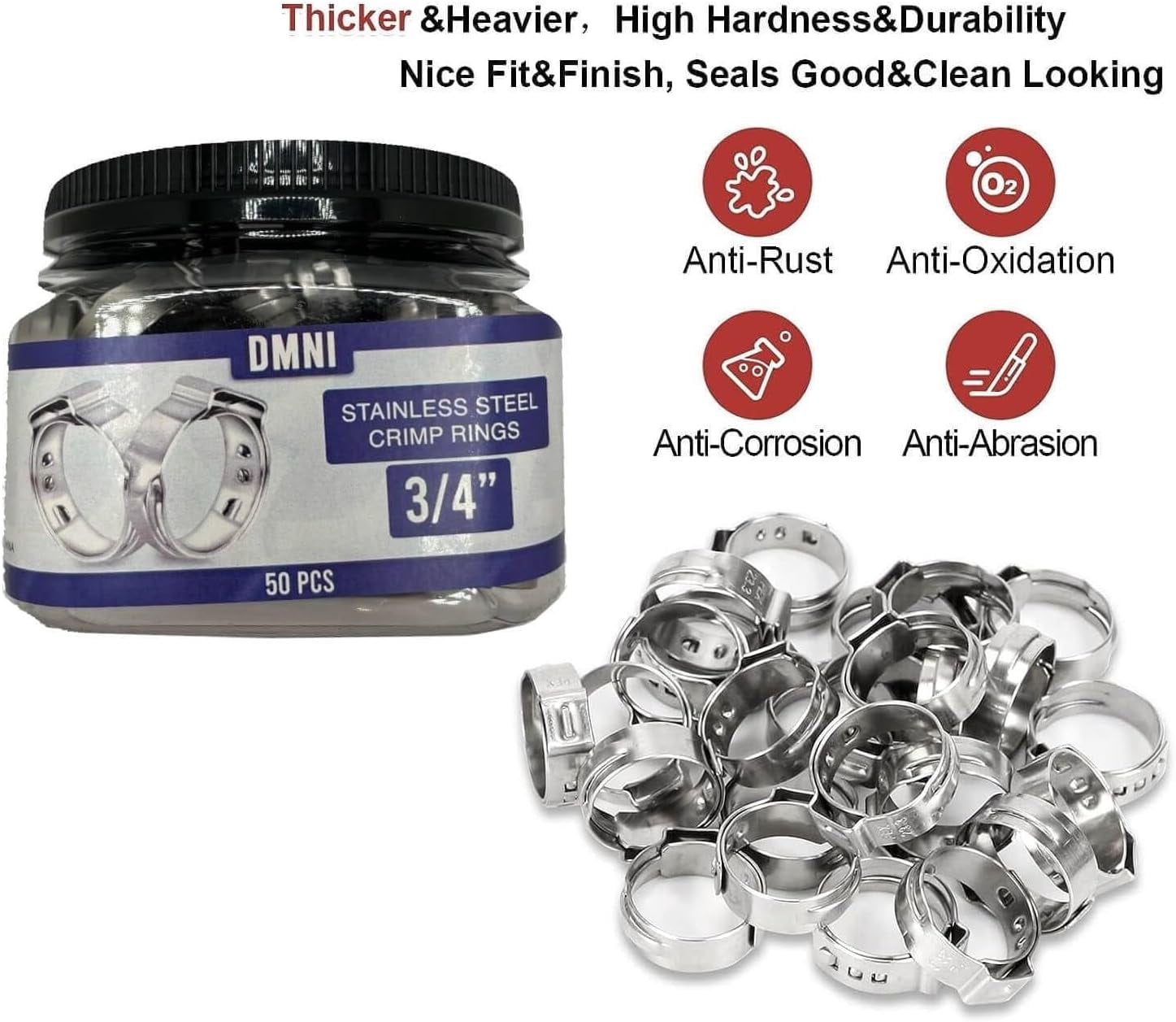 Stainless Steel Cinch Clamps Crimp Rings - 3/4" Pinch Clamps For Pex Tubing Pipe Fitting Connections - 50 PCS (Pack of 4)