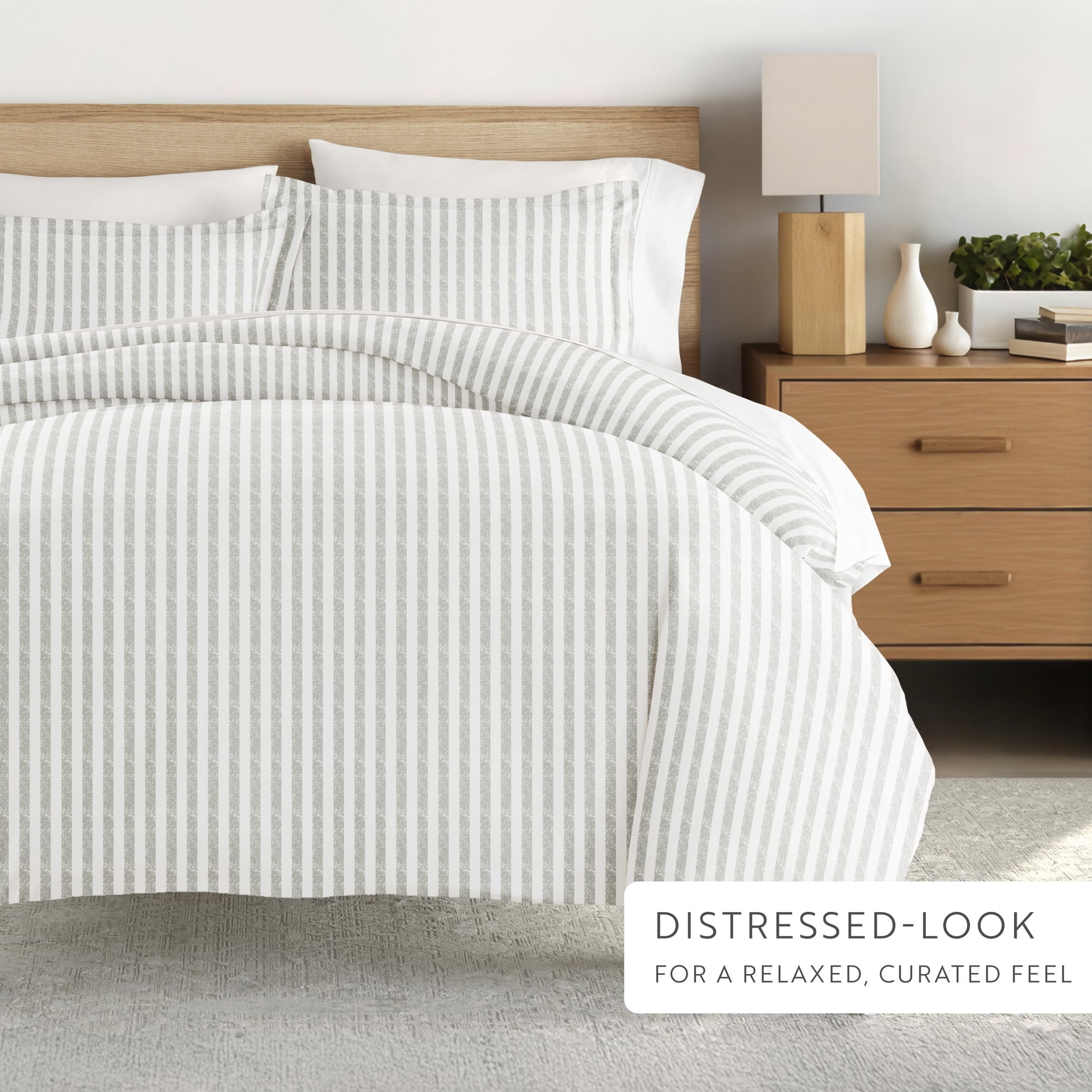 Noble Linens Light Gray Puffed Rugged Stripes Duvet Set 3-Piece Duvet Cover Set, King/Cal King