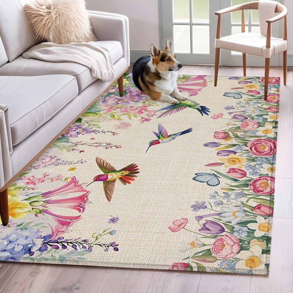 Spring Flowers Area Rugs 4x6 ft Vintage Watercolor Colorful Floral Leaf Birds Linen Texture Washable Rug Non Slip Indoor Carpet Absorbent Floor Mat for Living Room Bedroom Dining Room