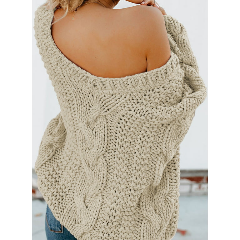 Rosfancy Women Pullover Sweater V Neck Long Sleeve Oversized