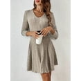 thumbnail image 4 of Women Long Sleeve Ribbed Knit Short Dresses Fall Winter V Neck Casual Swing A Line Sweater Dress Khaki XXL, 4 of 7
