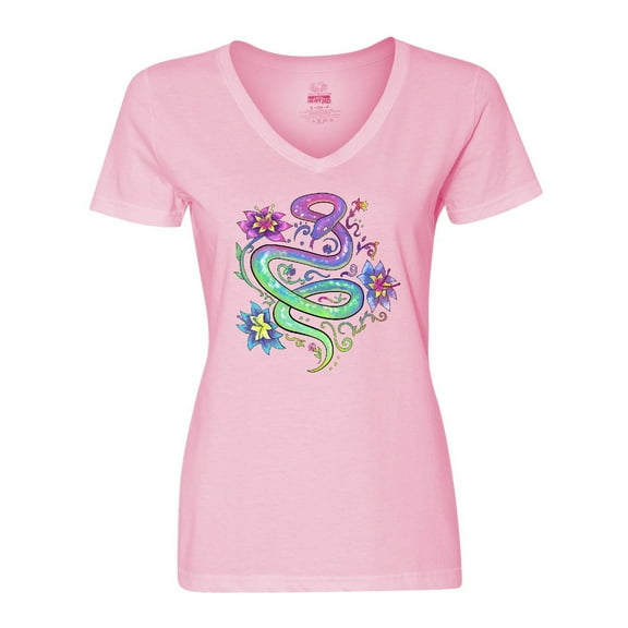 Inktastic Magical Colorful Snake with Flowers Women's V-Neck T-Shirt