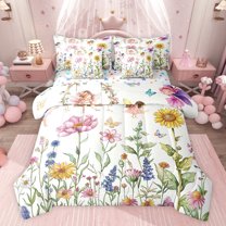 Feelyou Spring Flower Floral Bedding Comforter Set 7pcs, Fairy Tale Elf King Bedding Sets, Cute Cartoon Butterfly Reversible Bed Sheets, Ultra Soft Bedroom Decor