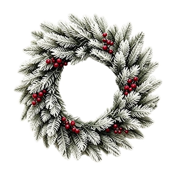 16 Inch Artificial Flocked Christmas Wreath with Red Berries, Winter Snowy Pine Wreath for Front Door Wall Mantel Porch Xmas Holiday Home Decoration