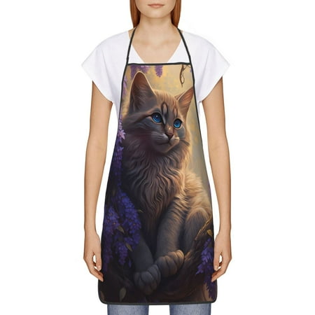 

Goofa Bib Apron Unisex Aprons Adjustable Waterdrop Resistant Cooking Kitchen Apron for Chef Purple Flower Lazy Cat Pattern Apron Bulk