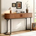 thumbnail image 3 of 55 Inch Console Table with 2 Drawers, Entryway Table with Sliding Door, Long Sofa Table Behind Couch w/Metal Leg, Mid-Century Modern Console Table for Entryway, Hallway, Living Room, Walnut, 3 of 7