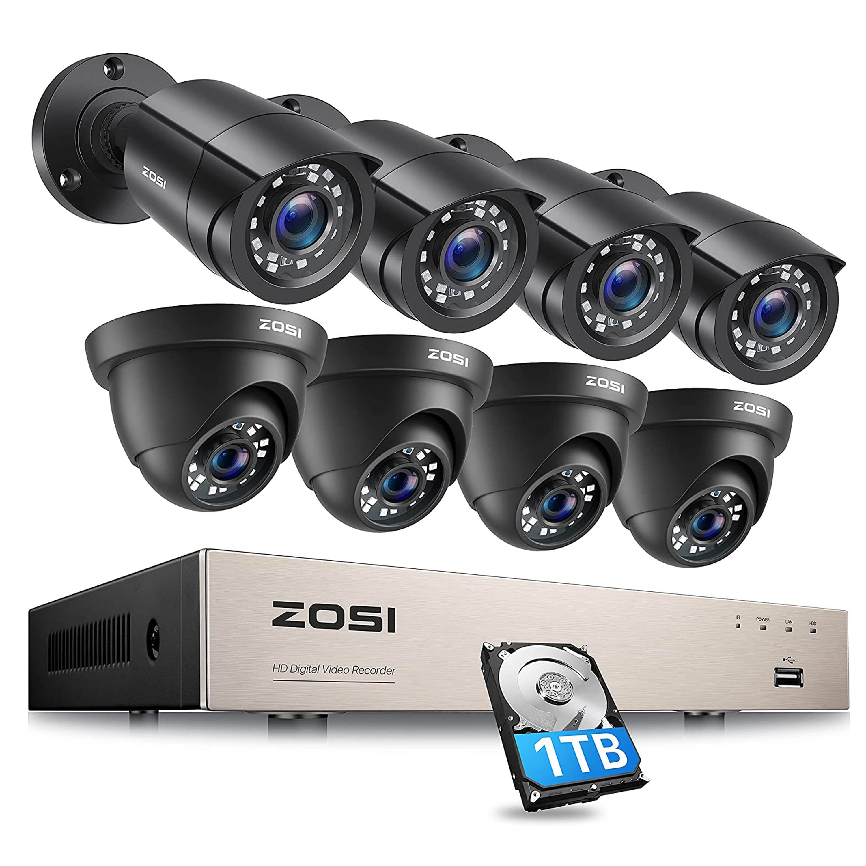 ZOSI 8CH 5MP Home Security Cameras System,H.265 5MP 8 Channel 5MP CCTV DVR Recorder with 1TB Hard Drive,4pcs 2K+ Wired Indoor Outdoor CCTV Cameras with 80ft Night Vision for 24-7 Recording 