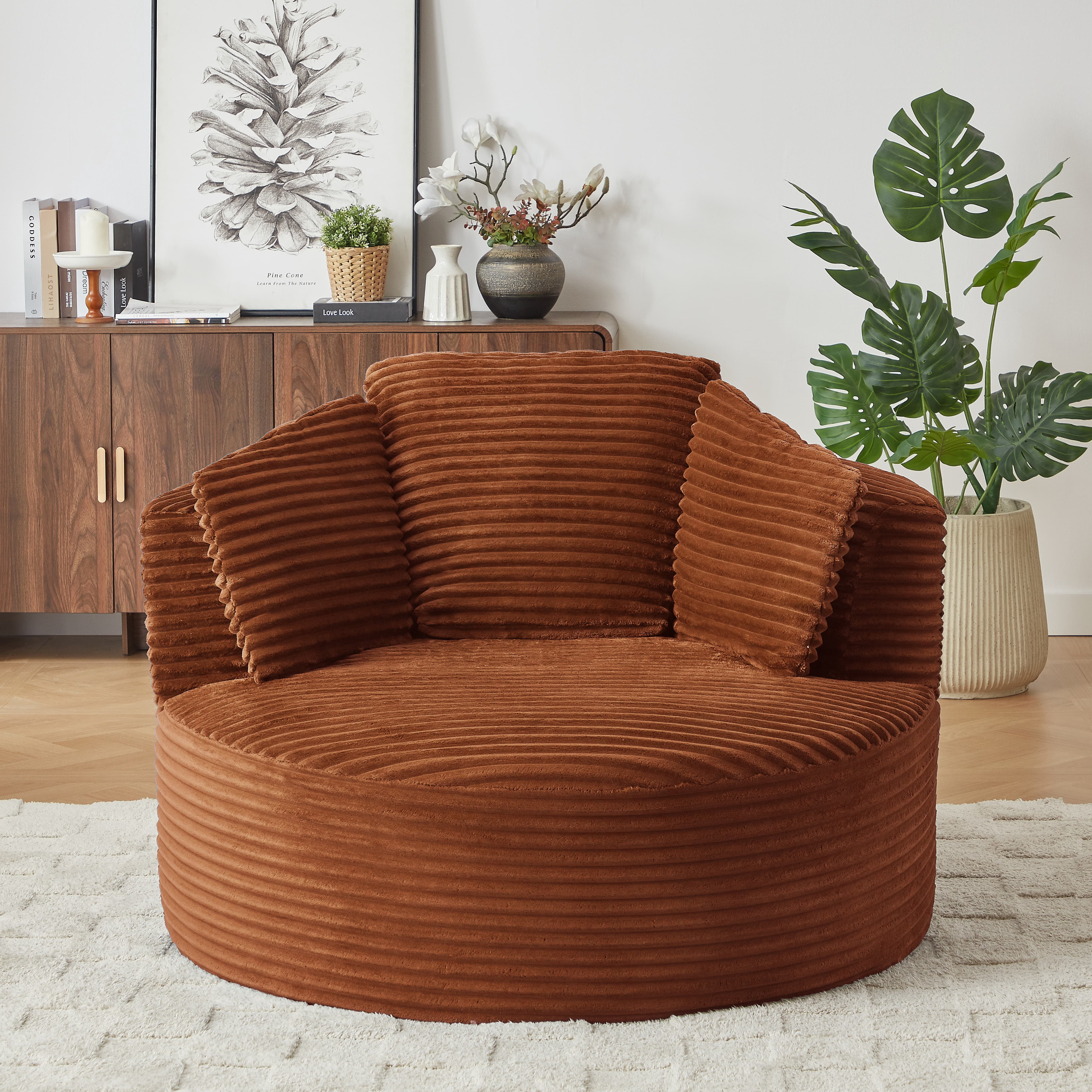 MAYEERTY Compressible Corduroy Round Lounge Sofa, Modern Couch with Spring Cushion for Apartment, 49*45*35"Orange