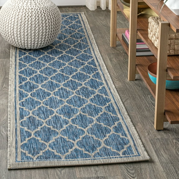 JONATHAN Y SANTA MONICA 2 x 10 Runner Rug, Trebol Moroccan Trellis Textured Weave - Navy/Gray, SMB109D-210