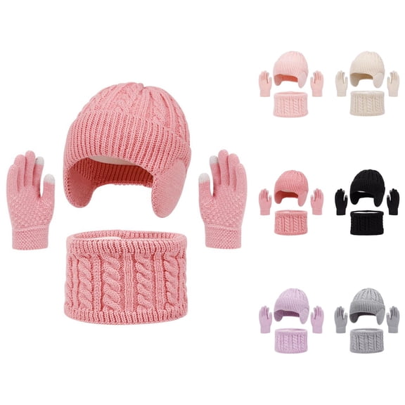 Kids Winter Hat Scarf Gloves Set - Plush Fleece Lined Touchscreen Knit Beanie Neck Warmer Mittens, Warm Stocking Stuffers, For Girls Boys Age 2-18