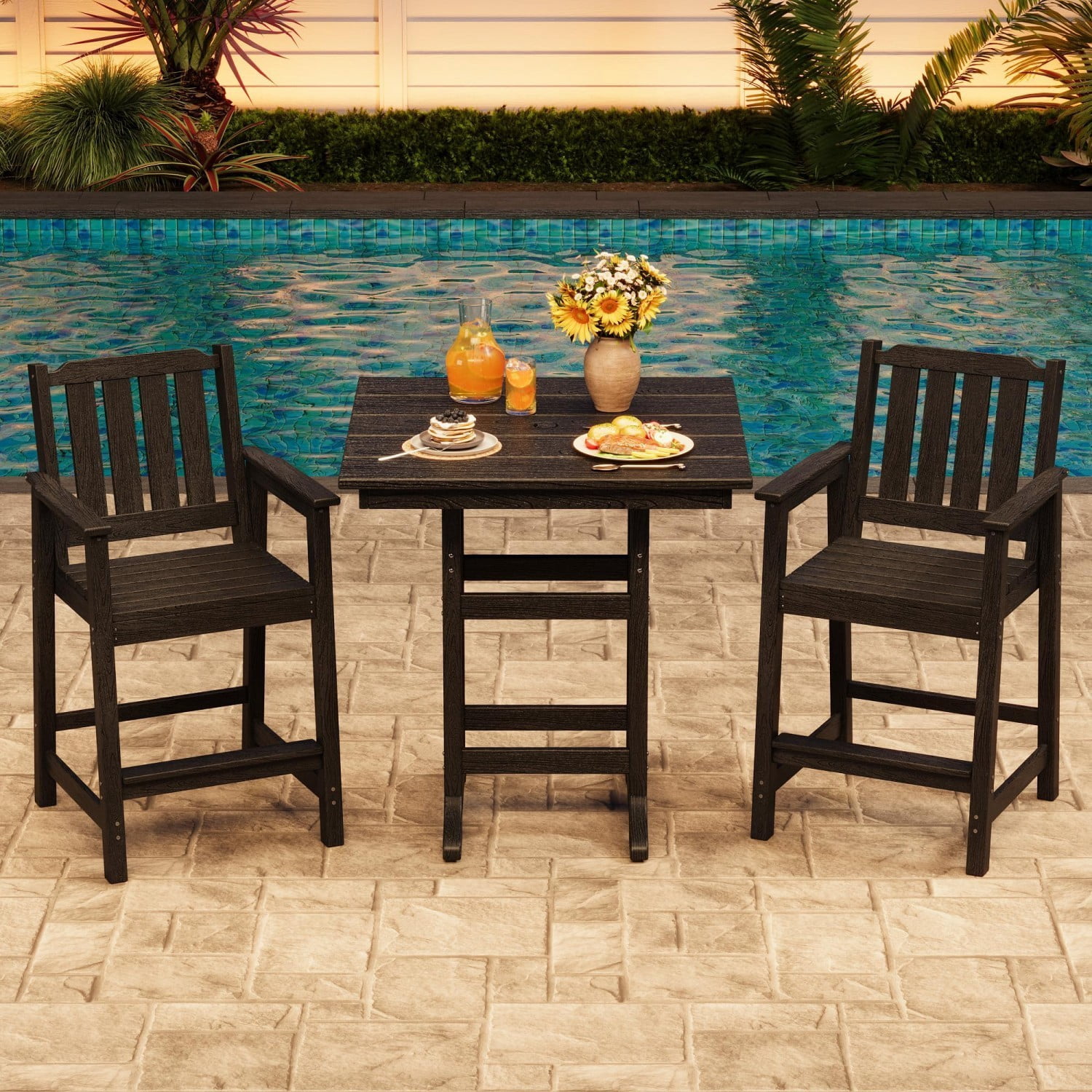 Adirondack Bar Chair Set of 2, HDPE Outdoor Bar Stools with Footrest, All Weather Adirondack Bar Height Chairs for Patio, Balcony, Porch, Deck, Poolside, Obsidian