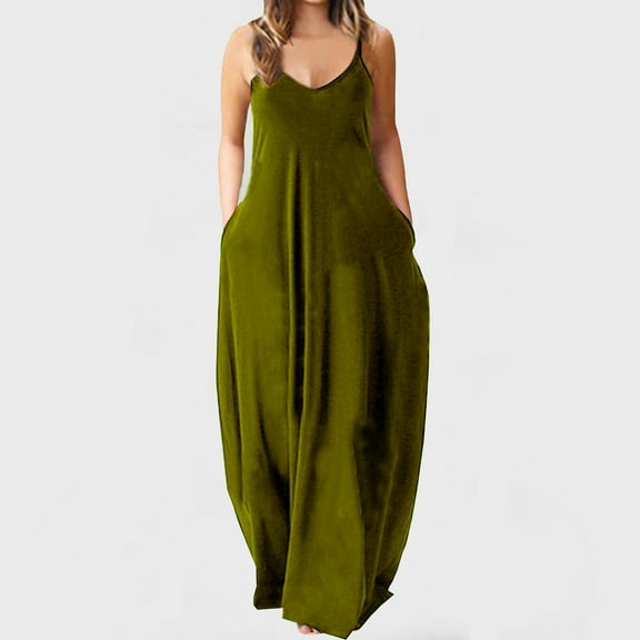 Brilliant Womens Dresses Plus Size Women Fashion Sling Mid-waist V-Neck Sleeveless Solid Color Slim Party Beach Long Dress Summer Green 3XL-6XL