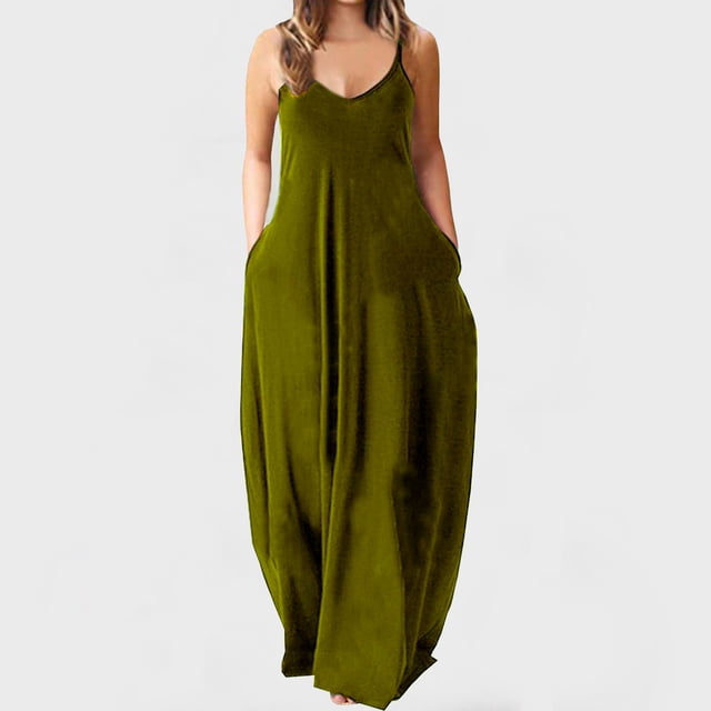 Lenago Robes Grande Taille pour Invitées de Mariage pour Femmes Mode à Bretelles Taille Mi-Haute Col en V Sans Manches Couleur Unie Ajustée Fête Plage Longue Robe Été Robes de Plage en Liquidation