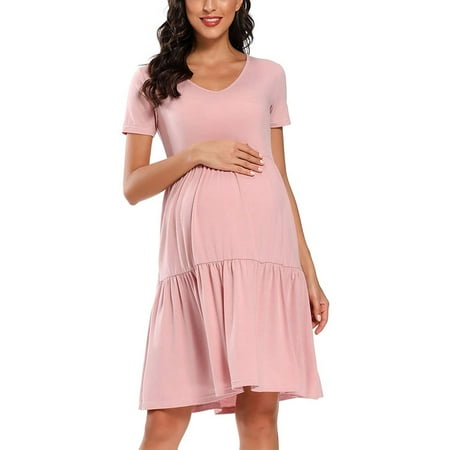 

Taqqpue Womens Summer Short Sleeve Maternity Dress Casual V-Neck Daily Ruffle Midi Sundress Solid Color Flowy Swing Dress Loose Pregnancy Maternity Dress for Photoshoot Baby Shower