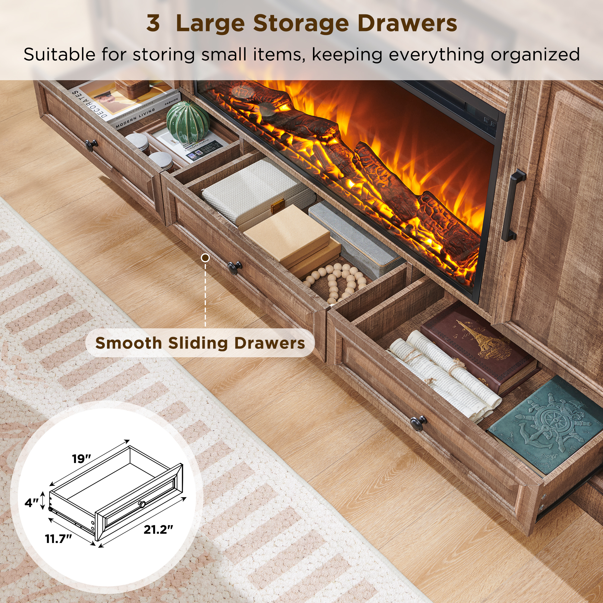 T4TREAM Farmhouse 70" Fireplace TV Stand for TVs up to 80", Entertainment Center W/36" Electric Fireplace Highboy Media Console with Large Storage Cabinets and Drawers for Living Room, Light Brown