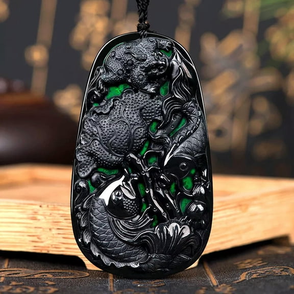 HOOUN Chinese Natural Emerald Black Jadeite Fish “年年有余” Black Jade Pendant Necklace