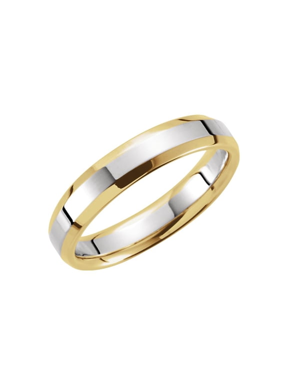 14K White and Yellow Two Tone Gold 4mm Comfort Fit Beveled Edge Wedding Ring Band Size 10