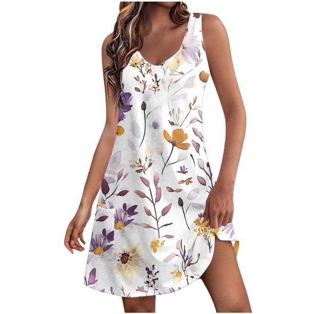 Vestido de Verano para Mujeres, Vestido Casual de Cuello en V sin Mangas de Impresión de Bolsillo de Moda Hecho de Poliéster Ligero para Primavera Verano, Vestido de Verano Casual