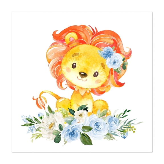Lion, Safari Animals, Jungle Animals, Blue Flowers, Boy Nursery - Illustration Watercolor Animal Floral Whimsical Flowers Unframed Wall Art Print 6 x 6 inches
