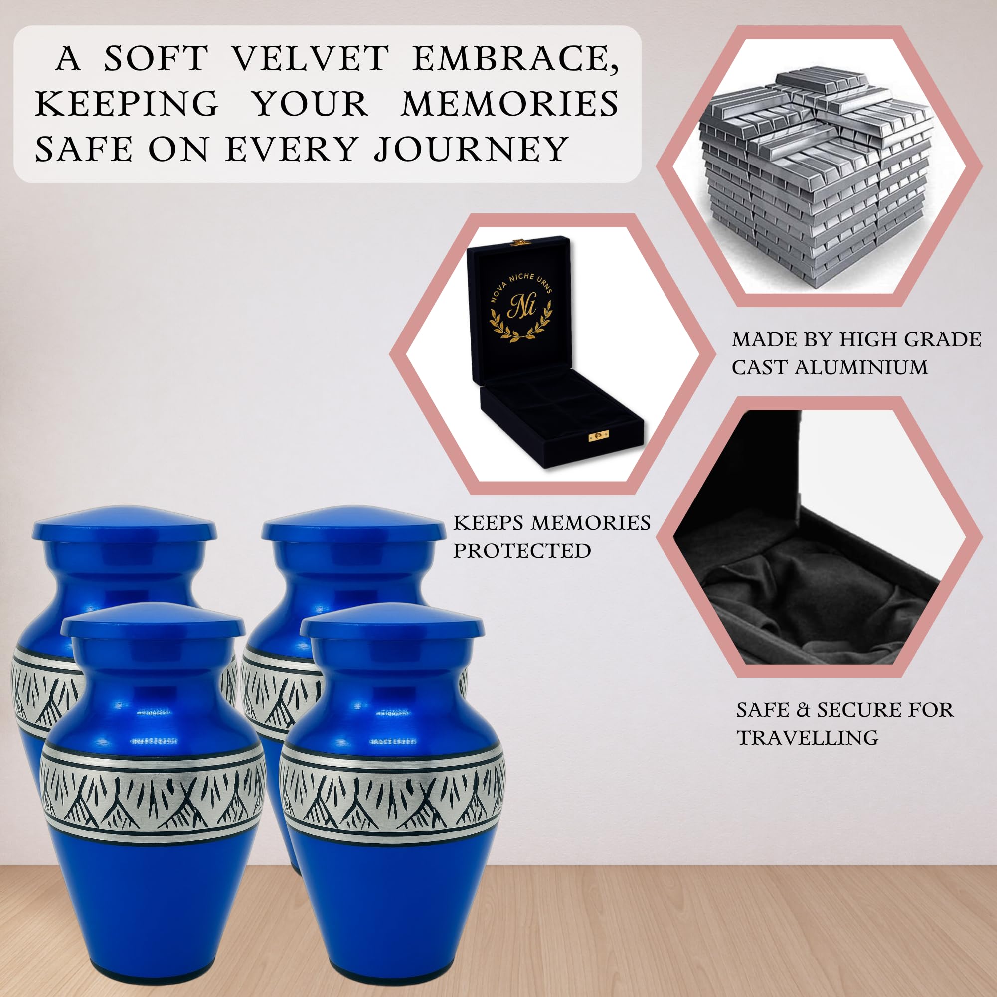 Nova Niche Small Royal Blue Aluminium Cremation Urns for Human Ashes – Mini Memorial Keepsake Set of 4 with Velvet Case