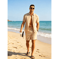 thumbnail image 6 of Mens Summer Outfit 2 Piece Beach Shirt Shorts Set Coconut Button Casual Vacation Summer Set Light Khaki S, 6 of 7