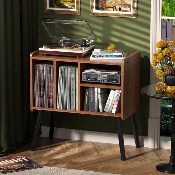 Record Player Table, Mid-Century Record Player Stand with Vinyl Storage Hold Up to 150 Albums, Vinyl Record Cabinet with Adjustable Shelves, Wood Turntable Stand for Music Living Room (Oak)