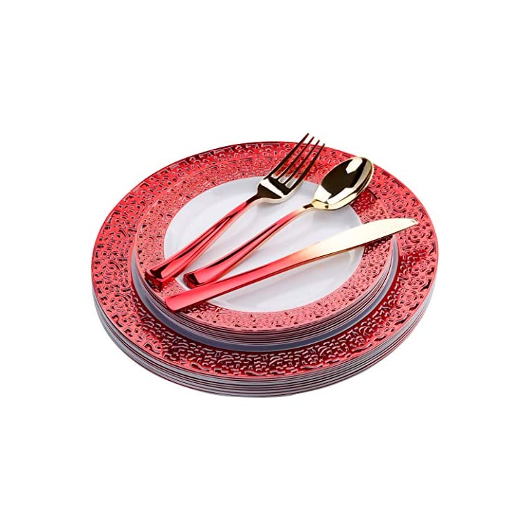 Red Plastic Plates and Red Gold Silverware 125 Piece Disposable