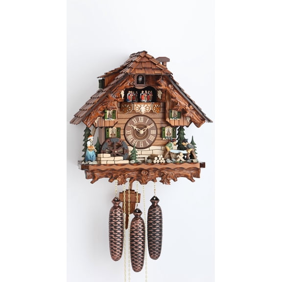 Cuckoo Clock Black Forest house with moving wood chopper and mill wheel