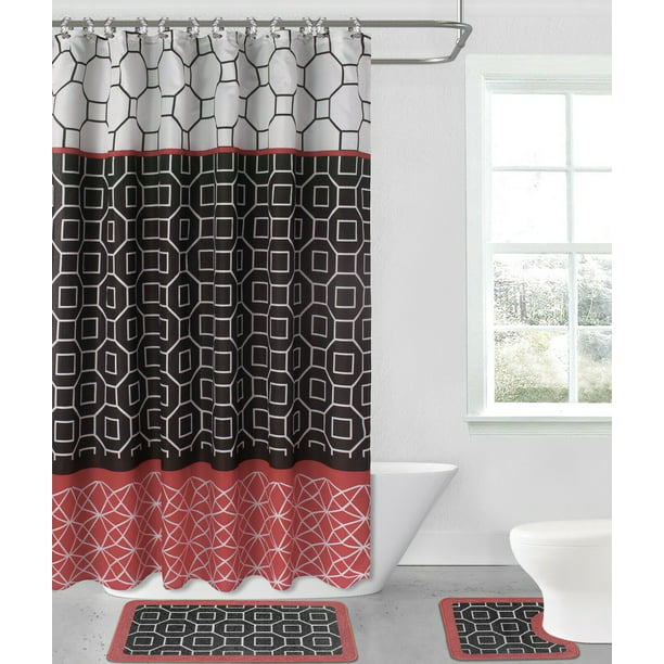 2 Non Slip Bath Mats Rugs Fabric Shower, All Black Shower Curtain Set