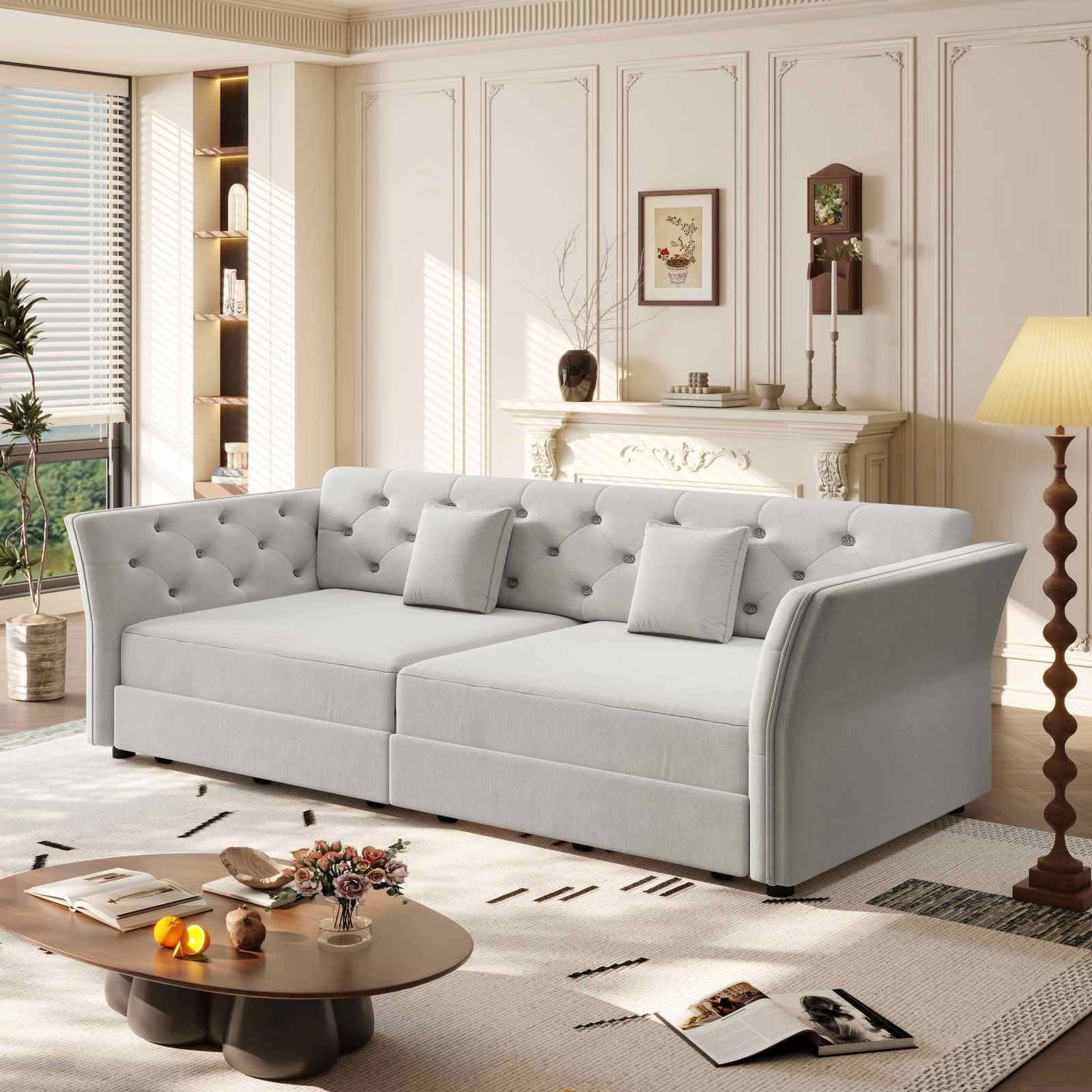 MAYEERTY 74.4" Queen Pull‑Out Velvet Sofa Bed, Convertible Loveseat Sleeper with Handmade Flower Tufting, 2 Pillows Included for Living Room, Bedroom and Apartment
