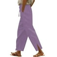 thumbnail image 2 of Sevevn Women Casual Cotton Linen Drawstring Elastic Waist Long Wide Leg Pants Women Beach Fashion Purple XXXXL, 2 of 6