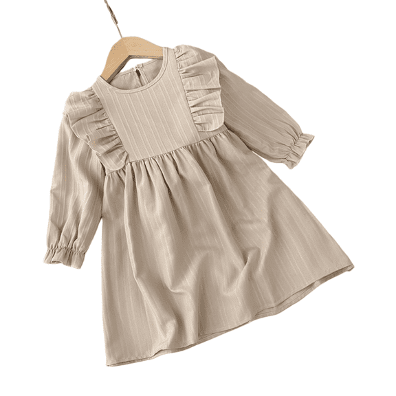 LYMAYTER Girl Spring Autumn Dress Solid Color Round Neck Long Sleeve Dresses Kids A Line Swing Dress 2-7Y
